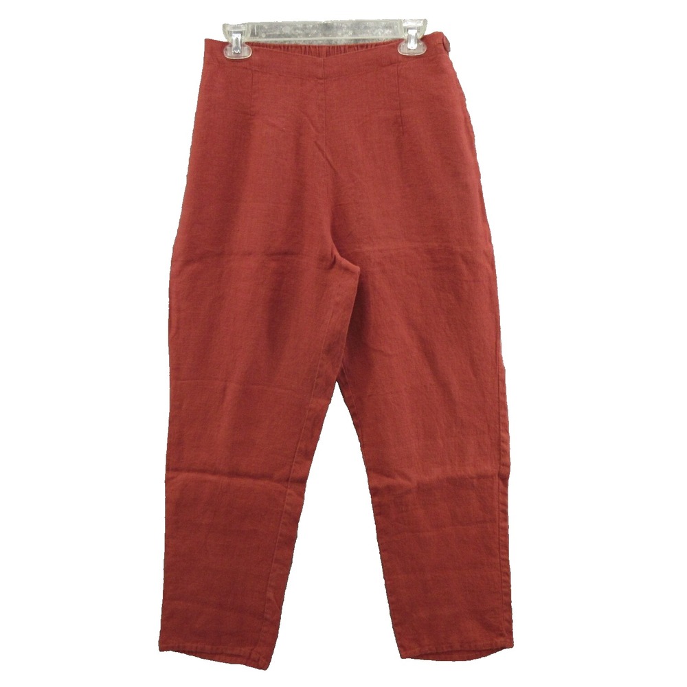 FLAX Designs Linen Pant Small Red Side Button Elastic Waistband New
